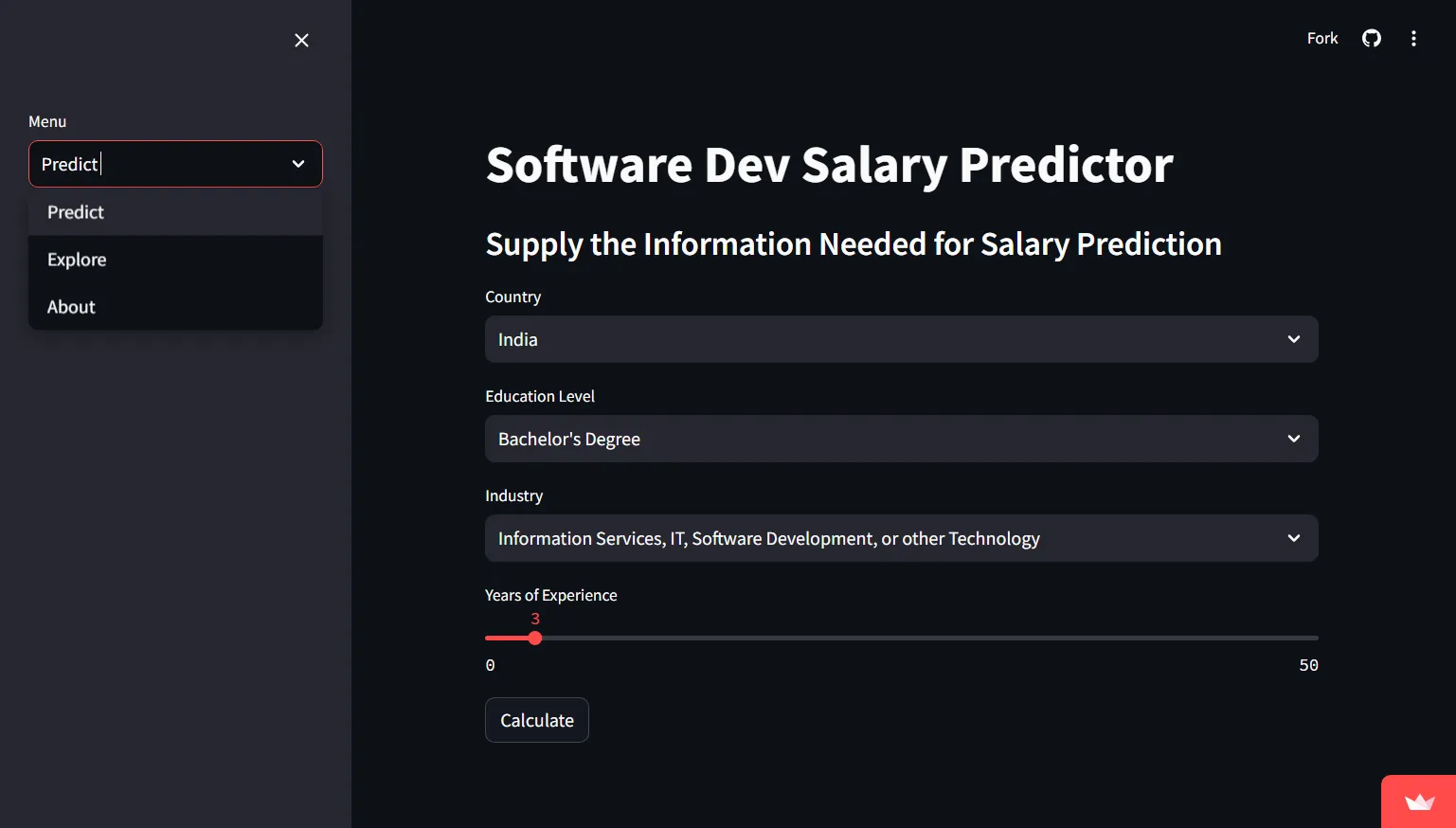 screenshot of salary predictor's homepage